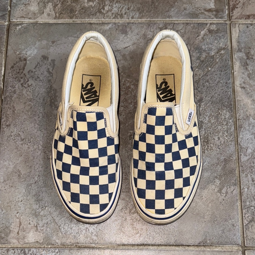 Vans Navy and Cream Checkered Slip-On Sneakers
